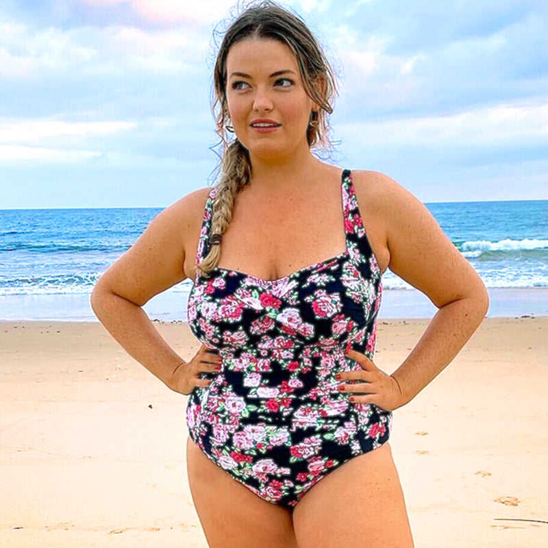 GEORGIA Ruched Twist Front Swimsuit - Vintage Black Floral