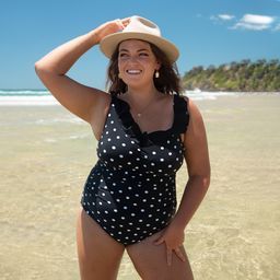 Hannah D/E Cup Ruched Swimsuit – Black & White Polkadot – Sizes 12 to 22