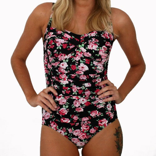 GEORGIA Ruched Twist Front Swimsuit - Vintage Black Floral - Sizes 12 - 22