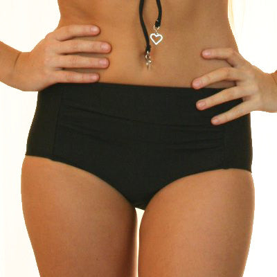 MARILYN - 1950's Ruched High Waisted Bikini Bottoms - Jet Black