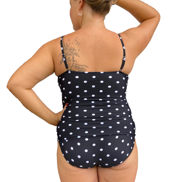 SOPHIA Twist Tankini Ruched Singlet Top  -  Black & White Polkadot - Sizes 12-20