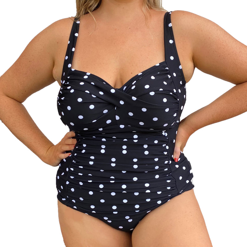 GEORGIA Ruched Twist Front Swimsuit - Black & White Polkadot - Sizes 12-22